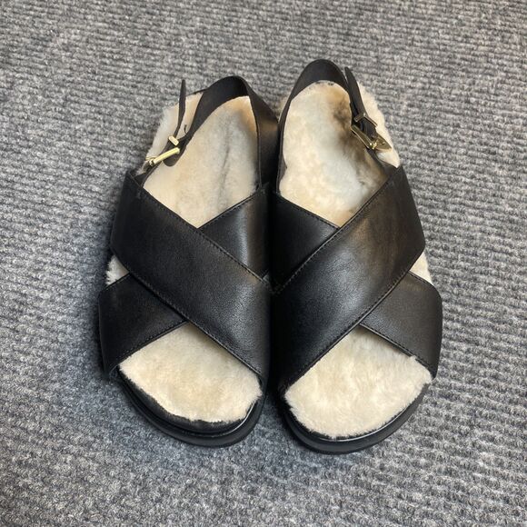 Alohas Women Size 38 (US 7.5) Sandals Sherpa Marshmallow Strap Black Leather NEW - Picture 3 of 10
